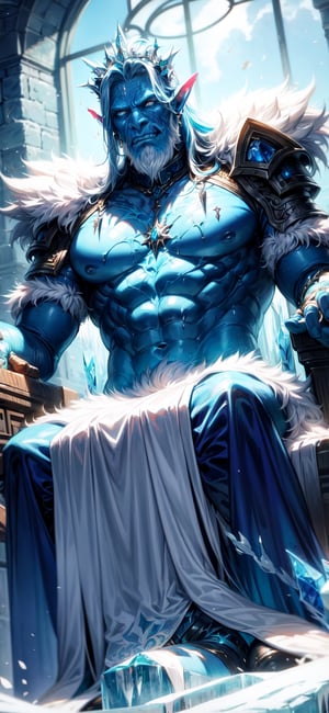 Intense close-up shot of a majestic ice orc king sitting regally on a throne, surrounded by the grandeur of a medieval castle. The camera frames the orc's aggressive features: piercing blue eyes, white beard, and bright blue skin with intricate veins and tattoos. Multicolored hair, a mesmerizing blend of white and blue hues, cascades down their back like a river of ice. The orc's hands, adorned with Proper Fingers, grasp the throne's armrests as they survey their kingdom with an air of dominance. DonMGl4c14l,Fantasy