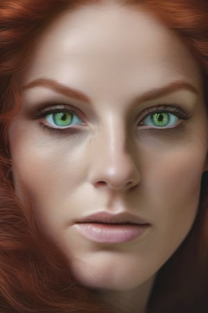 Realistic portrait, Caucasian woman, oval face, green eyes, detailed eyes, red hair, detailed hair