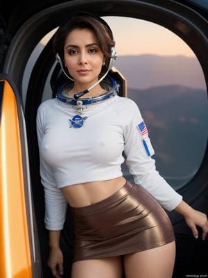 breathtaking photograph of girl astronaut with big breasts, ((astronaut uniform)), mini metallic tight skirt, floating in space, mars in the background, ((astronaut helm)), orange light, mirror reflection on the helm, low light, dark, best quality, masterpiece, illustration, an extremely delicate and beautiful, extremely detailed, (realistic, photo-realistic:1.37), photorealistic, amazing, finely detail, masterpiece, best quality, huge filesize, ultra-detailed, highres, extremely detailed, reflections, award-winning, professional, highly detailed, microskirt, Iranian actress(Nazanin Bayati), brown skin, blonde hair, long hair, hair in a bun, beautiful eyelashes, beautiful face, brown eyes, from bottom, legs visible, big breasts, microskirt, perfecteyes,Microskirt