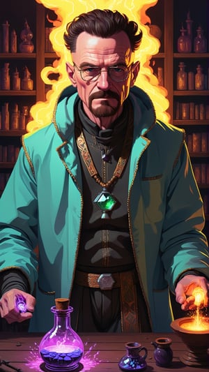 painting, trending on Artstation, walter white wearing Berber alchemist outfit, detailed magical laboratory background, vaporwave magic environment in, colorful Electric sparks, antoine collignon, fantasy art behance, portrait of merlin, hq , pixel art,

