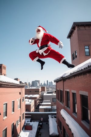 Santa's does a perfectly executed "Parkour Santa" routine, leaping from rooftop to rooftop with ninja-like precision, all while being captured on security cameras and shared on social media