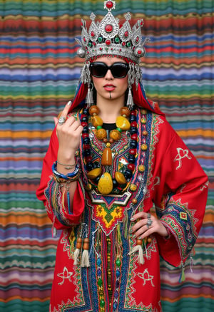 Underground comic Crumb style of A young woman stands confidently, dressed in a modern take on traditional Amazigh (Berber) clothing, blending cultural elements with a bold, rebellious attitude. She wears a richly embroidered red robe decorated with colorful tassels, beads, and woven patterns in vibrant blue, green, yellow, and white. Her head is adorned with a striking headdress featuring silver traditional Tasfift, and vibrant red and yellow gems. She accessorizes with chunky necklaces, including large amber pieces. Her Tribal ink on forehead and chin reflect Amazigh symbolism. Adding a modern twist, she wears black sunglasses and confidently give a middle finger to the viewer. The backdrop is a multicolored, blurred striped pattern, further enhancing the mix of tradition and modernity. The lighting is even, bright, and focused on her figure.,Usham,,adrr-tsfft,R.Crumb Style