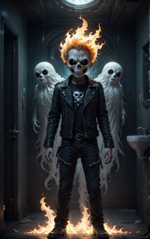 "Now I Am Become Death, the Destroyer of Worlds" Creepy, eerie, spooky, horror, (1boy ghost rider hair, with glowing owl eyes), washroom-background, masterpiece, best quality, highly detailed, sharp focus, texture detail, particle effects, storytelling elements, narrative flair, 16k, UE5, HDR,