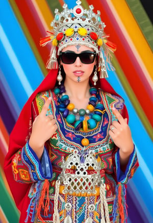 A young woman stands confidently, dressed in a modern take on traditional Amazigh (Berber) clothing, blending cultural elements with a bold, rebellious attitude. She wears a richly embroidered red robe decorated with colorful tassels, beads, and woven patterns in vibrant blue, green, yellow, and white. Her head is adorned with a striking headdress featuring silver traditional Tasfift, and vibrant red and yellow gems. She accessorizes with chunky necklaces, including large amber pieces. Her facial tattoos reflect Amazigh symbolism. Adding a modern twist, she wears black sunglasses and confidently flips off a finger with both hands. The backdrop is a multicolored, blurred striped pattern, further enhancing the mix of tradition and modernity. The lighting is even, bright, and focused on her figure.,Usham,Tribal tattoos on forehead and chin,adrr-tsfft