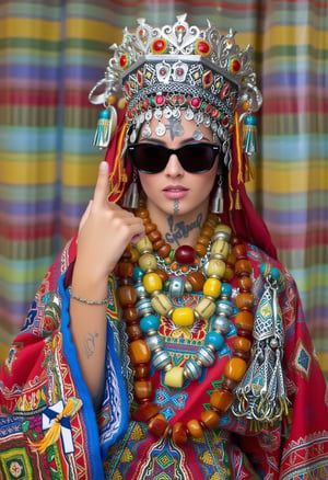 A young woman stands confidently, dressed in a modern take on traditional Amazigh (Berber) clothing, blending cultural elements with a bold, rebellious attitude. She wears a richly embroidered red robe decorated with colorful tassels, beads, and woven patterns in vibrant blue, green, yellow, and white. Her head is adorned with a striking headdress featuring silver traditional Tasfift, and vibrant red and yellow gems. She accessorizes with chunky necklaces, including large amber pieces. Her facial tattoos reflect Amazigh symbolism. Adding a modern twist, she wears black sunglasses and confidently give a middle finger to the viewer. The backdrop is a multicolored, blurred striped pattern, further enhancing the mix of tradition and modernity. The lighting is even, bright, and focused on her figure.,Usham,Tribal tattoos on forehead and chin,adrr-tsfft,pavsok Style