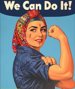 Moroccan version of  "We Can Do It!" poster but instead it reads " We Can Flux It". The woman in the image is depicted flexing her arm to show strength. She wears a headscarf and has facial Tribal tattoos on forehead and chin, traditional symbols. The woman is dressed in a patterned, dark blue garment, and her lips are red. The overall feel combines elements of cultural pride with feminist imagery, creating a fusion of traditional identity and modern empowerment..,Usham,,,R.Crumb Style