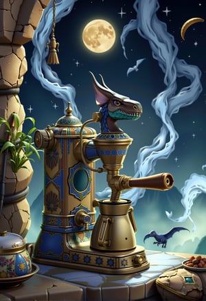 Fierce Bewitching traditional Mediterranean coffee machine, Moon in the night, Horror, Prehistoricore, iridescent light