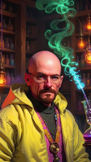 painting, trending on Artstation, walter white wearing Berber alchemist outfit, detailed magical laboratory background, vaporwave magic environment in, colorful Electric sparks, antoine collignon, fantasy art behance, portrait of merlin, hq , Pixel Style XL,,ArgazXL