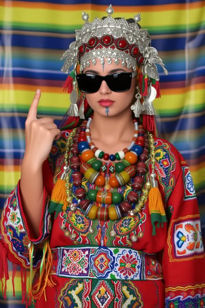 A young woman stands confidently, dressed in a modern take on traditional Amazigh (Berber) clothing, blending cultural elements with a bold, rebellious attitude. She wears a richly embroidered red robe decorated with colorful tassels, beads, and woven patterns in vibrant blue, green, yellow, and white. Her head is adorned with a striking headdress featuring silver traditional Tasfift, and vibrant red and yellow gems. She accessorizes with chunky necklaces, including large amber pieces. Her facial tattoos reflect Amazigh symbolism. Adding a modern twist, she wears black sunglasses and confidently give a middle finger to the viewer. The backdrop is a multicolored, blurred striped pattern, further enhancing the mix of tradition and modernity. The lighting is even, bright, and focused on her figure.,Usham,Tribal tattoos on forehead and chin,adrr-tsfft