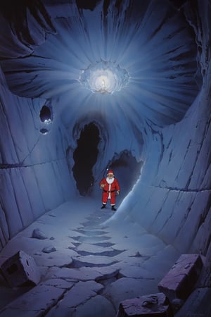 magical realism art by Alex Alemany and Peter Blume, symbolism art, landscape of a Hideous Santa Claus from inside of a Rayon caverns, Sunny, volumetric lighting, electric blue mist, 90's style Home