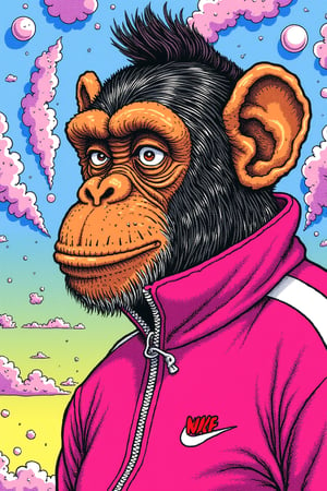 illustrated portrait of a a chimp with a man-bun wearing an nike style tracksuit, the background are geometric shapes in a magical colour scheme,,R.Crumb Style