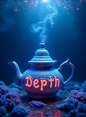 A Moroccan teapot, seemingly made of glowing, bioluminescent coral, sits on the seafloor of an alien ocean. The water is a deep, surreal blue, filled with strange, colorful creatures that emit their own light. The teapot’s surface is covered in intricate, organic patterns that pulse with life. Above, the surface of the water is a swirling mass of color, creating a hypnotic light show. The teapot’s steam rises, forming bubbles that float lazily upwards, adding to the dreamlike quality of the scene."

Accompanying 3D Text: The word "Depth" is formed by the glowing coral surrounding the teapot, with the letters appearing as part of the intricate patterns, enhancing the sense of mystery and wonder in the alien underwater world.,Adrr-T