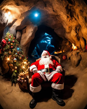 Prehistoric, a fisheye lens photo of a Happy Santa sitting in the most chrismas decorated cave