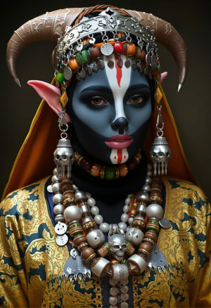 a stunning photo of a gorgeous necromancer female Aerenal Elf, gold and black robes, face warpaint, skull face paint, gorgeous, 8k HD, detailed skin texture, ultra realistic, textured skin,. (maximum ultra high definition image quality and rendering:3), maximum image detail, maximum realistic render, (((ultra realist style))), realist side lighting, , 8K high definition, realist soft lighting, (amazing special effect:3.5) 