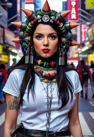 A fierce, cyberpunk rebel wearing a headpiece with neon-lit accents, standing in the midst of a bustling, neon-soaked city street, with a determined look and a futuristic outfit, inspired by the gritty aesthetics of cyberpunk.