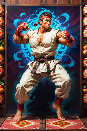 breathtaking, creative, dynamic pose, Eclectic, perfect, full body portrait, portrait, close up of a (Street Fighter Ryu:1.5) jump, proud, win, vivid Colors, masterpiece, colorful moroccan style background, cans, geometric patterns,  the, hassan, and, hjjaj, style,  painting, pavel, sokov