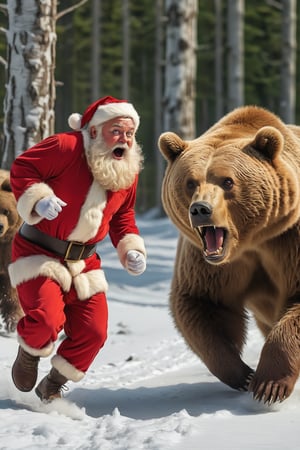 Santa running away from a brown bear,  scared face
, HDR, highly detailed, 32k,