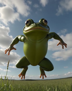 POV shot of a hefty frog, jumping in a field, Hyperpop, glimmering transformation, 4K,zhibi