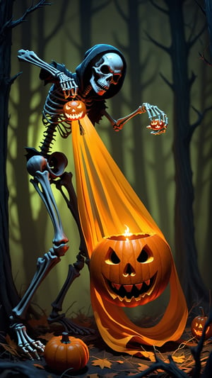 a digital painting of a skeleton holding a jack - o - lantern, concept art, by Goro Fujita, shutterstock contest winner, digital art, scary pines, michael cheval (unreal engine, mage fighting a ghoul, she is a gourd, glowing mouth, medium closeup shot, glowing drapes, collectible card art, dark. no text, detailed 4k horror artwork