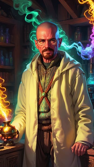painting, trending on Artstation, walter white wearing Berber alchemist outfit, detailed magical laboratory background, vaporwave magic environment in, colorful Electric sparks, antoine collignon, fantasy art behance, portrait of merlin, hq , Pixel Style XL,,ArgazXL