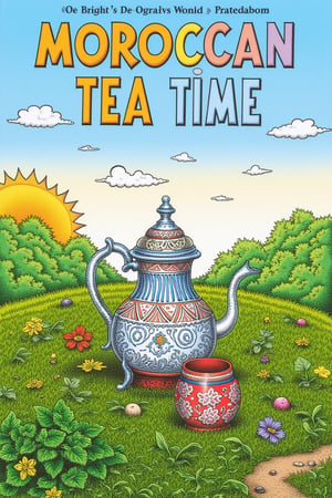 A title text saying "MOROCCAN TEA TIME"  3d text, a (teapot, mint leaves :1.2), grass, landscape of a Plovdiv, Foggy, Vivid, expressive, , sunny, inspired, extremely rich detail, beautiful detailed, complex artistic color composition, luxurious, intense, dynamic dramatic atmosphere, pure, gorgeous  ,Adrr-T .,R.Crumb Style,