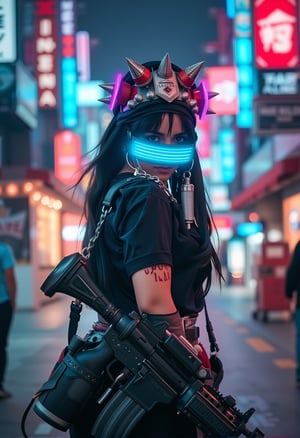 A fierce, cyberpunk rebel wearing a headpiece with neon-lit accents and a holographic visor, standing in the midst of a bustling, neon-soaked city street, with a determined look and a futuristic rifle slung over her shoulder, inspired by the gritty aesthetics of cyberpunk.