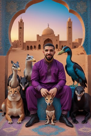 creative pose, vibrant colors, Moroccan style background, portrait,close up of a (Drake:1.2) surrounded by a group of animals, at Dawn, Ambient lighting,  the hassan hjjaj style 
,REALISTIC 