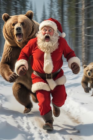 Santa running away from a brown bear,  scared face
, HDR, highly detailed, 32k,