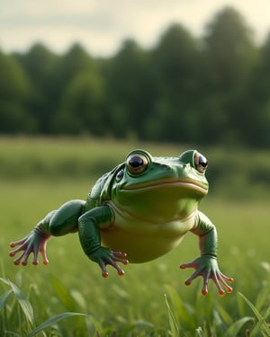 POV shot of a hefty frog, jumping in a field, Hyperpop, glimmering transformation, 4K,zhibi