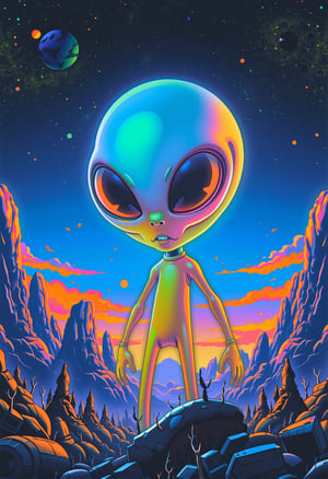 poster in 1990s Grunge style Cinematic photograph capturing an intergalactic saga with a big-eyed alien, whose radiant hues transition in an ombre gradient from neon blue, neon pink, neon yellow, neon green, to neon orange, in the manner of textured illustrations. Set against a backdrop of digital darkened gray and bronze bodies, the alien stands out like a neon beacon under a retro ink-stained sky of deep blue and fiery orange, realistic, higly detailed, cinematic, ,rubberhose style illustration,cartoonish __ character