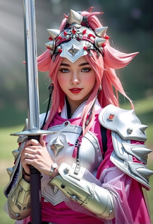 amazing quality,  masterpiece,  best quality,  hyper detailed,  ultra detailed,  UHD,  perfect anatomy,  blurry background,  outdoor, ( cherry blossoms:0.6),  fog,  studio lighting,  bright foreground,  face to viewer,  (pink hybrid white) armor,  female,  holding,  sword with ral-elctryzt,  ponytail,  glowing,  shine,  dazzling,