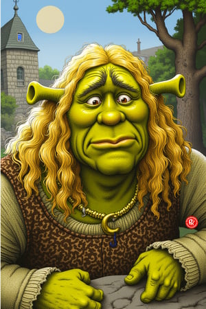 Shrek, Blonde hair,(best quality, masterpiece:1.4), (ultra high resolution:1.4), extremely detailed .,R.Crumb Style,