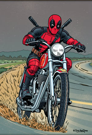 Deadpool riding a bike, realistic, higly detailed, cinematic, ,rubberhose style illustration,cartoonish __ character