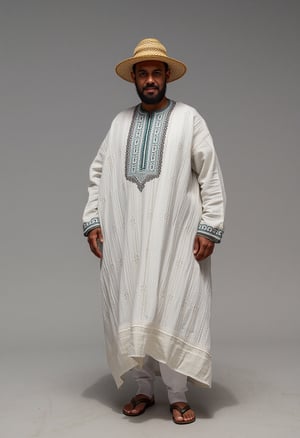 full body, (Simpson),  wearing a traditional Moroccan Djellaba and a straw hat, It looks Sleek on him,DRR-JLB