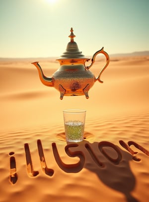 A surreal scene where a Moroccan teapot and tea glass appear to float in the shimmering heat of a desert mirage. The teapot, made of polished brass, glows brightly in the sunlight, and the tea glass, filled with mint tea, sparkles as if it were made of crystal. The sand dunes stretch endlessly in every direction, and the mirage creates an otherworldly effect, making the teapot and glass seem almost magical
BREAK
The word "Illusion" is formed by the shifting sands, with the letters appearing and disappearing as the wind blows, enhancing the mystical and dreamlike quality of the scene