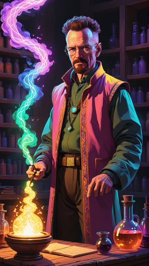 painting, trending on Artstation, walter white wearing Berber alchemist outfit, detailed magical laboratory background, vaporwave magic environment in, colorful Electric sparks, antoine collignon, fantasy art behance, portrait of merlin, hq , pixel art,
