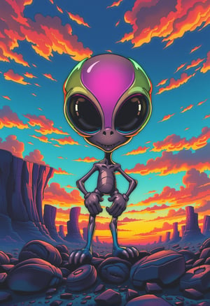 poster in 1990s Grunge style Cinematic photograph capturing an intergalactic saga with a big-eyed alien, whose radiant hues transition in an ombre gradient from neon blue, neon pink, neon yellow, neon green, to neon orange, in the manner of textured illustrations. Set against a backdrop of digital darkened gray and bronze bodies, the alien stands out like a neon beacon under a retro ink-stained sky of deep blue and fiery orange, realistic, higly detailed, cinematic, ,rubberhose style illustration,cartoonish __ character