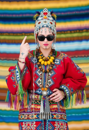 A young woman stands confidently, dressed in a modern take on traditional Amazigh (Berber) clothing, blending cultural elements with a bold, rebellious attitude. She wears a richly embroidered red robe decorated with colorful tassels, beads, and woven patterns in vibrant blue, green, yellow, and white. Her head is adorned with a striking headdress featuring silver traditional Tasfift, and vibrant red and yellow gems. She accessorizes with chunky necklaces, including large amber pieces. Her facial tattoos reflect Amazigh symbolism. Adding a modern twist, she wears black sunglasses and confidently give a middle finger to the viewer. The backdrop is a multicolored, blurred striped pattern, further enhancing the mix of tradition and modernity. The lighting is even, bright, and focused on her figure.,Usham,Tribal tattoos on forehead and chin,adrr-tsfft,pavsok Style