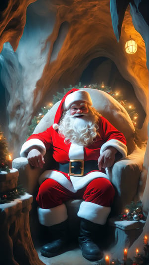 Prehistoric, a fisheye lens photo of a Happy Santa sitting  in the most chrismas decorated cave home, powerful, cinematic, beautifully lit, by donato giancola, by artgerm, by karol bak, 3 d, perfect face and body, trending on artstation, octane render, 8 k,niji style,REALISTIC 