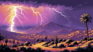 concept art, Gradient lightning bolts, landscape of a 1990'S Morocco, Hurricane, Detailed illustration, 80mm, Kodachrome, surreal design, Beautifully Lit, L USM,  pixel art