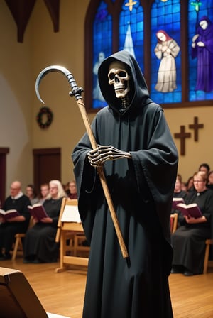 During a church's annual talent show, the Grim Reaper performing. an audience of church members and a stage with festive decorations in The background. Captured with a tilt-shift lens, comedic atmosphere. (Surreal Realism Level) Optimal lighting: moonlight through stained glass windows for theatrical effect.
