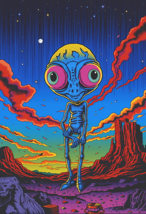 poster in 1990s Grunge style Cinematic photograph capturing an intergalactic saga with a big-eyed alien, whose radiant hues transition in an ombre gradient from neon blue, neon pink, neon yellow, neon green, to neon orange, in the manner of textured illustrations. Set against a backdrop of digital darkened gray and bronze bodies, the alien stands out like a neon beacon under a retro ink-stained sky of deep blue and fiery orange, realistic, higly detailed, cinematic, ,rubberhose style illustration,cartoonish __ character