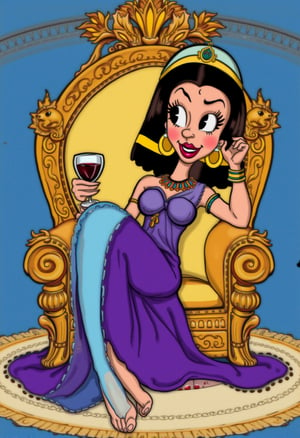 vintage rubberhose style illustration, golden age of animation of Cleopatra lounges on an oversized, ornate golden throne, holding a goblet of wine in one hand. Her features are exaggerated, with large, almond-shaped eyes outlined in thick kohl, and her expression is one of sly amusement,