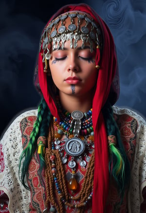 A young woman stands with her eyes closed, deeply immersed in a serene expression. She wears a traditional Moroccan Amazigh (Berber) outfit. Her vibrant red headscarf is adorned with intricate silver coins and colorful beads, which cascade down on either side. The scarf drapes over her braided hair, with green highlights interwoven. Tribal tattoos mark her forehead and chin, along with tattoos on her hands, adding to her cultural identity. She dons an embroidered white lace shawl over her shoulders, with layers of jewelry, including a large amber-colored necklace and a silver pendant. Her traditional Amazigh clothing is richly detailed, with colorful patterns, mostly in red, white, and gold. The lighting emphasizes her features, casting soft shadows around her, against a dark, moody background filled with light smoke or mist. Usham 