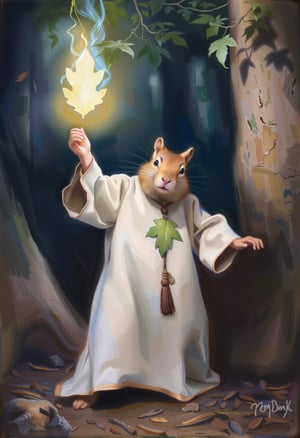 dnd darkest fantasy, a a squirrel cleric wearing white robes and a wearing a holy symbol in the shape of an oak leaf, he's channeling holy energy with a white light, in a forest