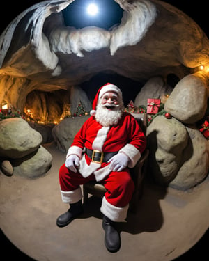 Prehistoric, a fisheye lens photo of a Happy Santa sitting in the most chrismas decorated cave