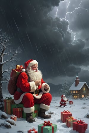 A sudden storm scatters presents across an unfamiliar landscape, making it challenging for Santa to retrieve them. He imagines the tears of children who might never receive the gifts meant for them