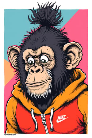 illustrated portrait of a a chimp with a man-bun wearing an nike style tracksuit, the background are geometric shapes in a perfect colour scheme,,R.Crumb Style