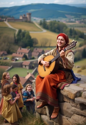 A wandering minstrel, dressed in simple but colorful attire, plays a lute while sitting on a stone wall overlooking a peaceful village. His expression is joyful and content as he sings a ballad, the notes drifting through the air. A small group of villagers, including children, gather around to listen, their faces filled with delight. The background features rolling hills and a distant castle. The style is warm and nostalgic, focusing on the simple pleasures of medieval life role as a storyteller,