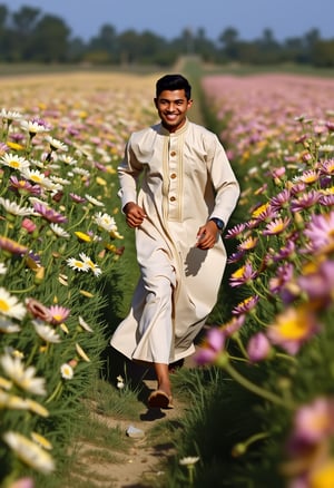 A young man in a djellaba, running through narrow path in a field of flowers, with a bright smile,drr-jlb,pavsok Style